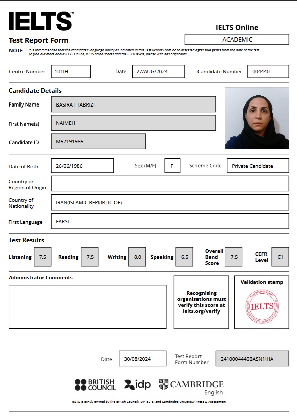 کارنامه قبولی آیلتس